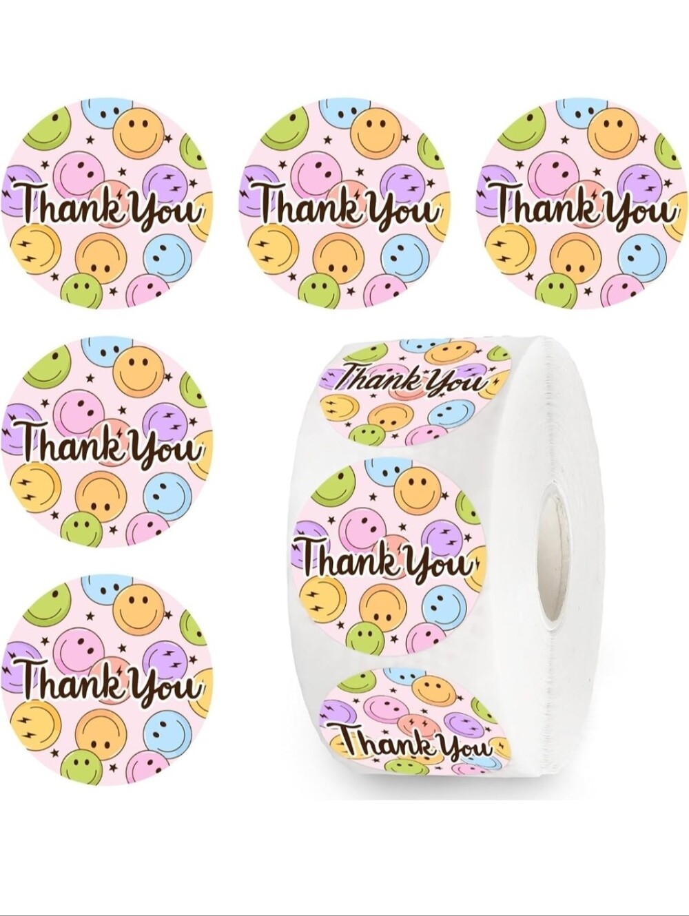 Thank You Smile Face Stickes  Colorful Pastel Party Labels 50 1.5"